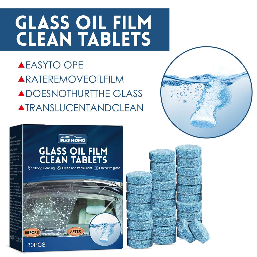 Box of 30 car oil-removing film cleaning effervescent tablets for windscreen maintenance