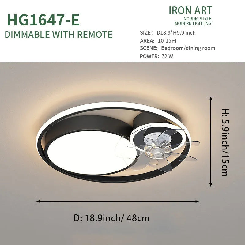 Nordic Light 48cm ceiling fan light with metal blades and acrylic lampshade in black or gold finish