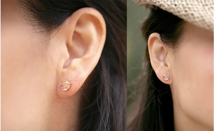 Women's rose gold drop stud earrings with crystal inlay on synthetic ross quartz, Korean style design