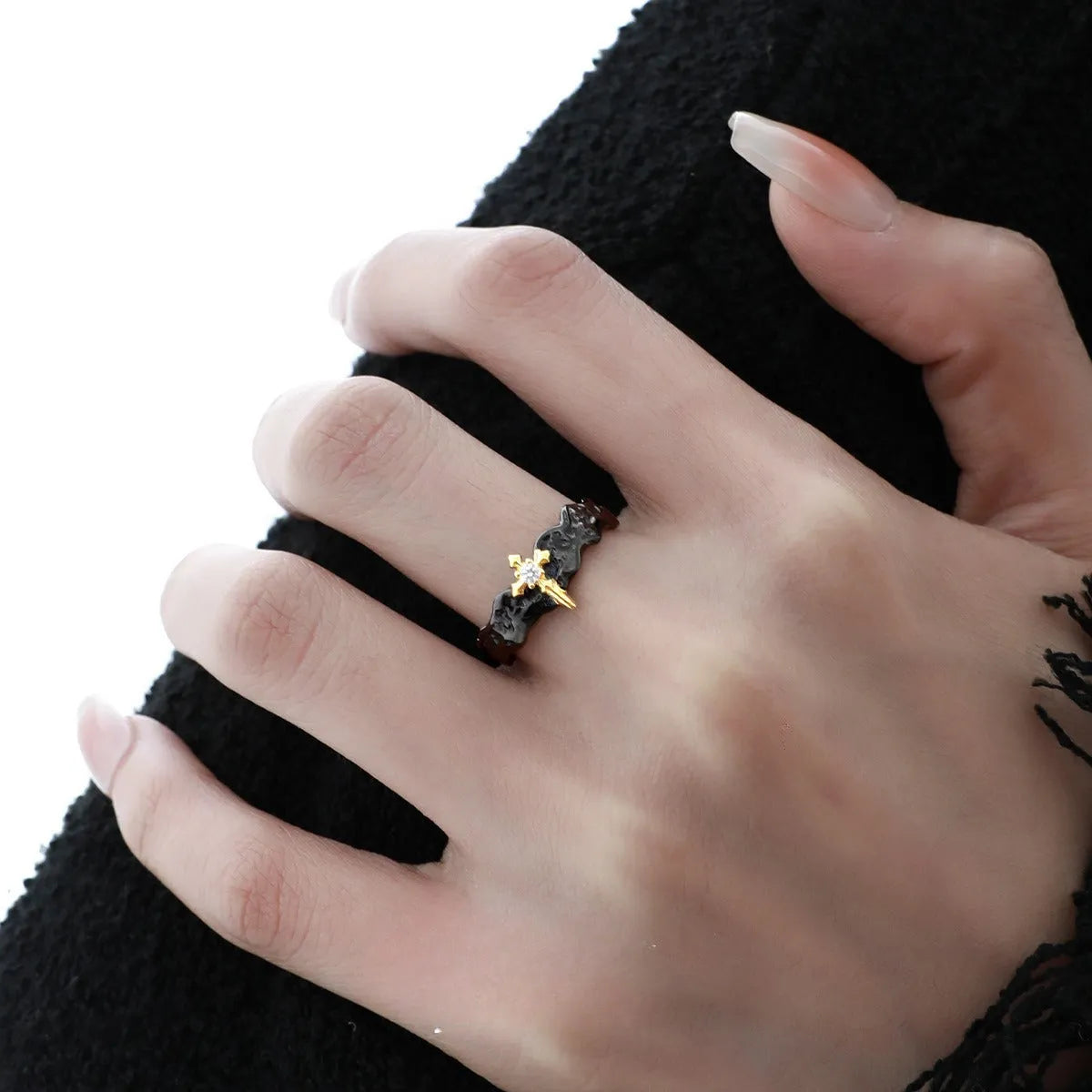 Adjustable opening silver couple ring with electroplated white gold or black gold finish, showing original design