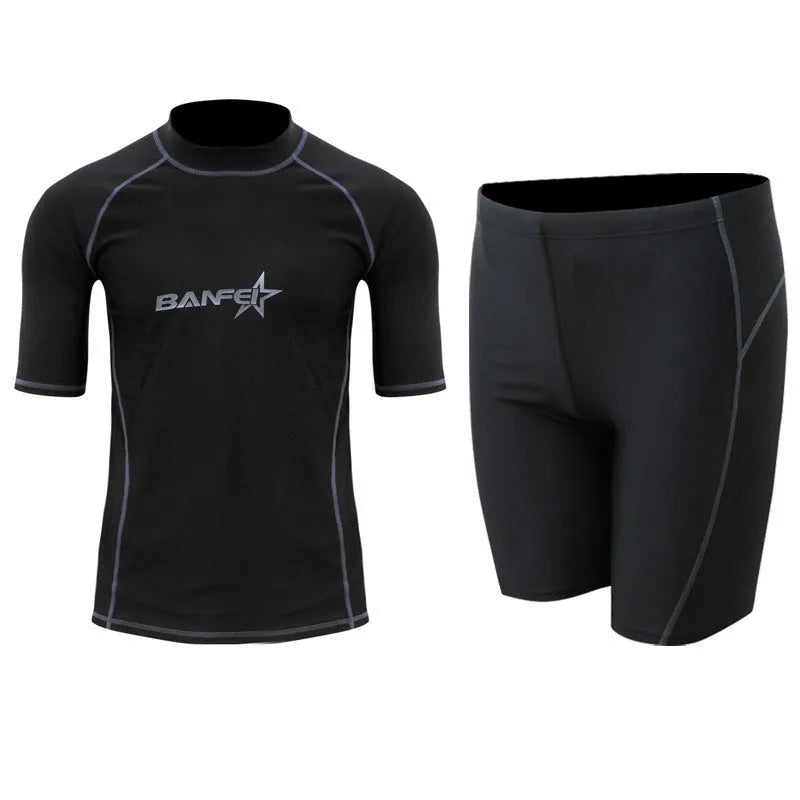 Men's blue quick-dry nylon two-piece swim set with half-sleeve top and swim pants laid flat