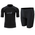 Men's blue quick-dry nylon two-piece swim set with half-sleeve top and swim pants laid flat