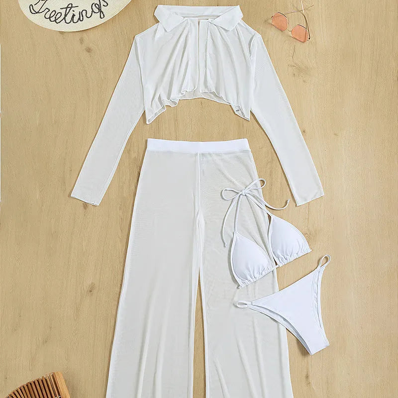 White women's high-waist backless swimsuit four-piece set on a hanger