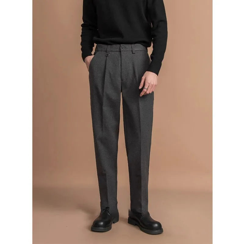 Men's straight-leg business trousers in draped design showing four colour options and straight silhouette