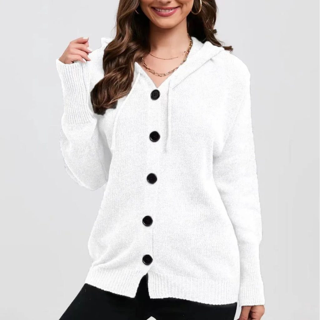 Women's solid colour hooded cardigan with 3D pattern, loose fit, and long sleeves in cotton fabric