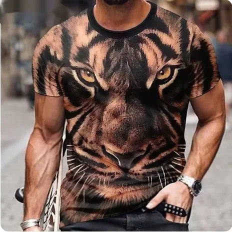 Men's 3D lion print t-shirt in various colours, showing bold graphic and polyester fabric
