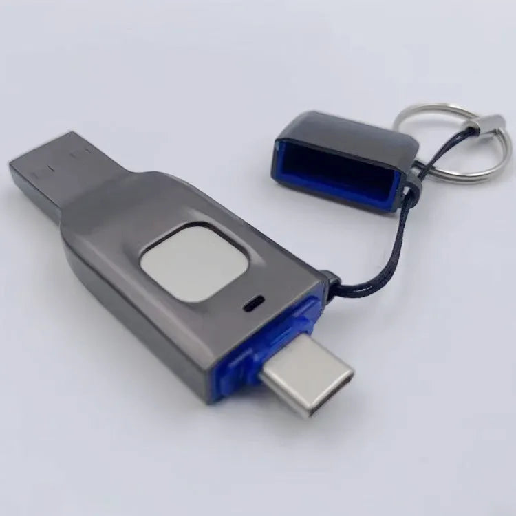 Black fingerprint USB disk showing USB 3.0 connector and Type-C connector with biometric sensor