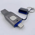 Black fingerprint USB disk showing USB 3.0 connector and Type-C connector with biometric sensor