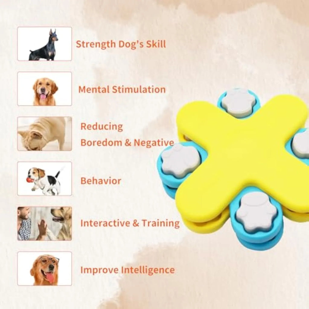 Yellow dog puzzle feeder with three rotating layers and claw-shaped lids for interactive feeding
