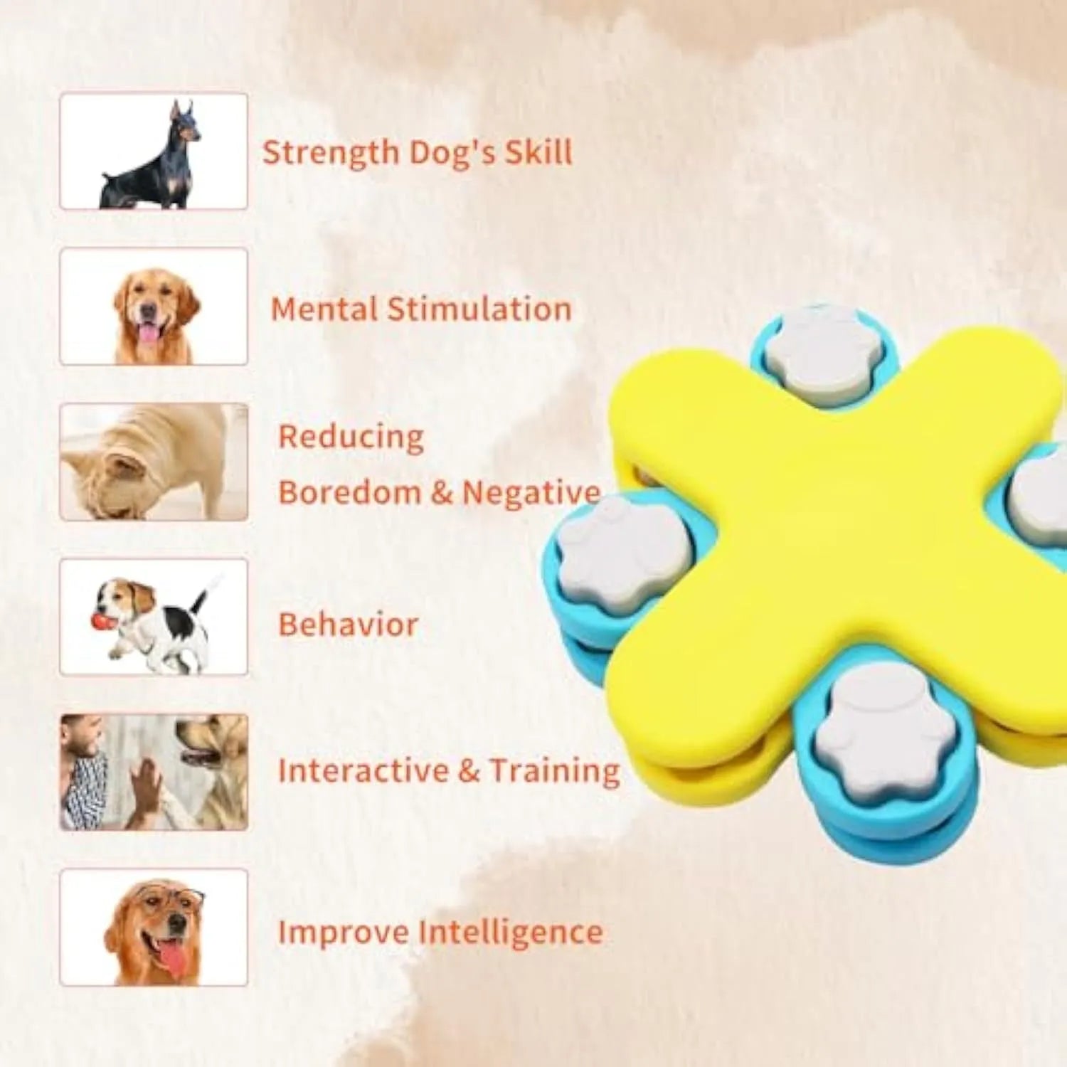 Yellow dog puzzle feeder with three rotating layers and claw-shaped lids for interactive feeding