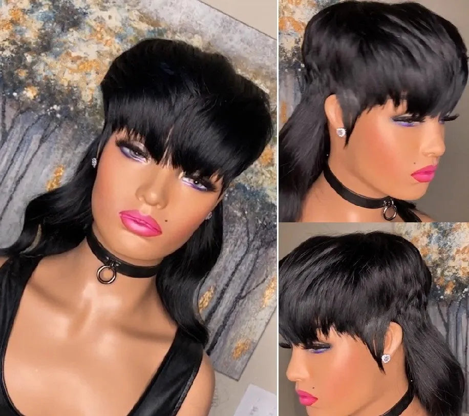 Black Brazilian wig with bangs, short at the front and long at the back.