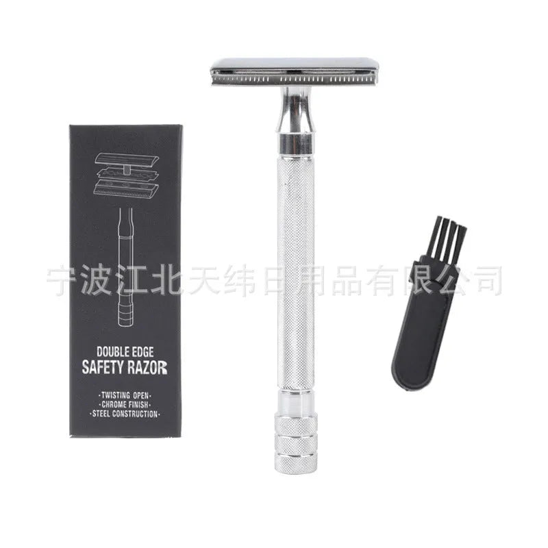 Old-fashioned manual pogonotomy metal scraper with brush set in black or silver colour