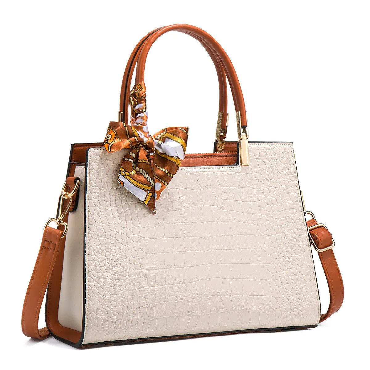 Women's milky white shoulder handbag with three interior compartments showing zipper changing bag, mobile phone pocket, and document storage