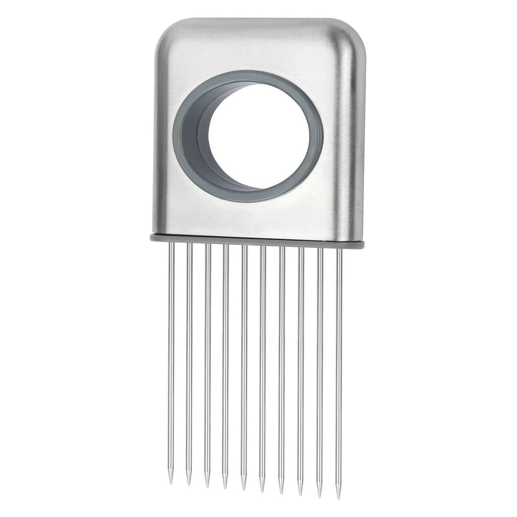 Stainless steel onion holder slicer with sharp prongs and a red finger guard on a kitchen counter.