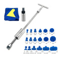 Automotive dent repair tool kit with T-shaped hammer and adhesive pullers for car body panels