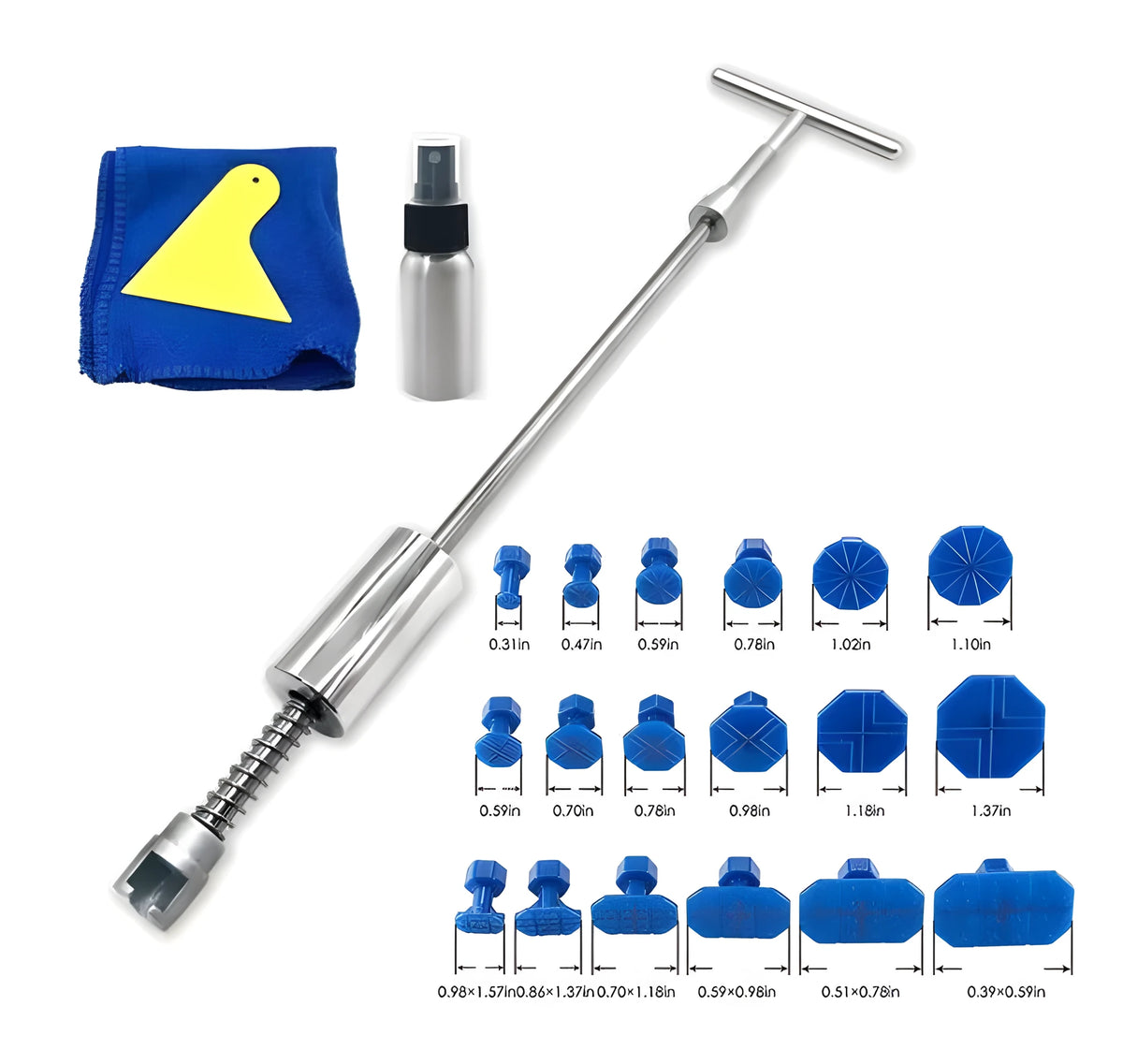 Automotive dent repair tool kit with T-shaped hammer and adhesive pullers for car body panels