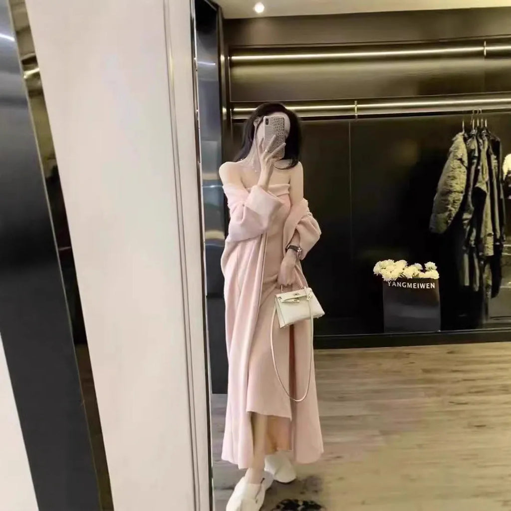 Women's knitted cardigan dress sweater suit in gray with flocking details, long skirt, and regular sleeves