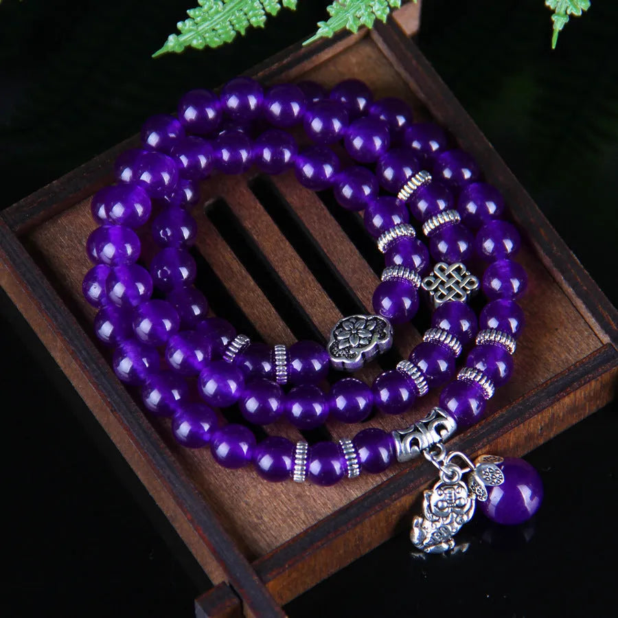 Purple chalcedony bracelet with three-circle ethnic design and adjustable fit