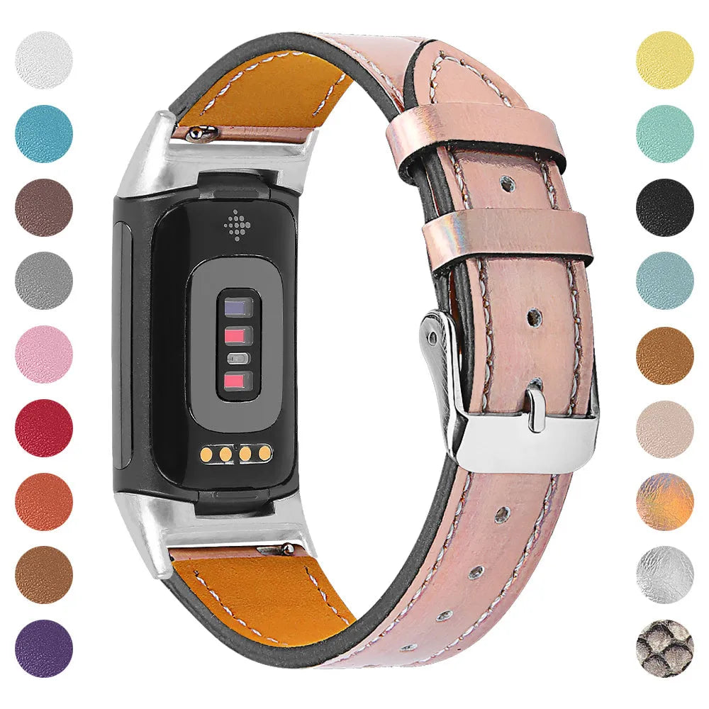 Genuine leather strap for Fitbit Charge5 and Charge6 in multiple colours, adjustable 5.5-8.1 inch length