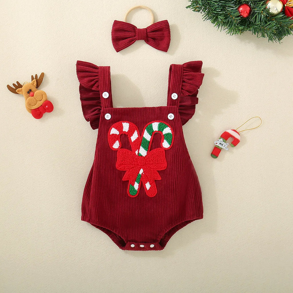 Red sleeveless cotton triangle romper for babies and toddlers with embroidered wing detail, shown in 70cm to 100cm sizes