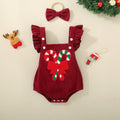 Red sleeveless cotton triangle romper for babies and toddlers with embroidered wing detail, shown in 70cm to 100cm sizes