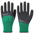 Black and green rubber work gloves with textured non-slip palm, shown from the side.