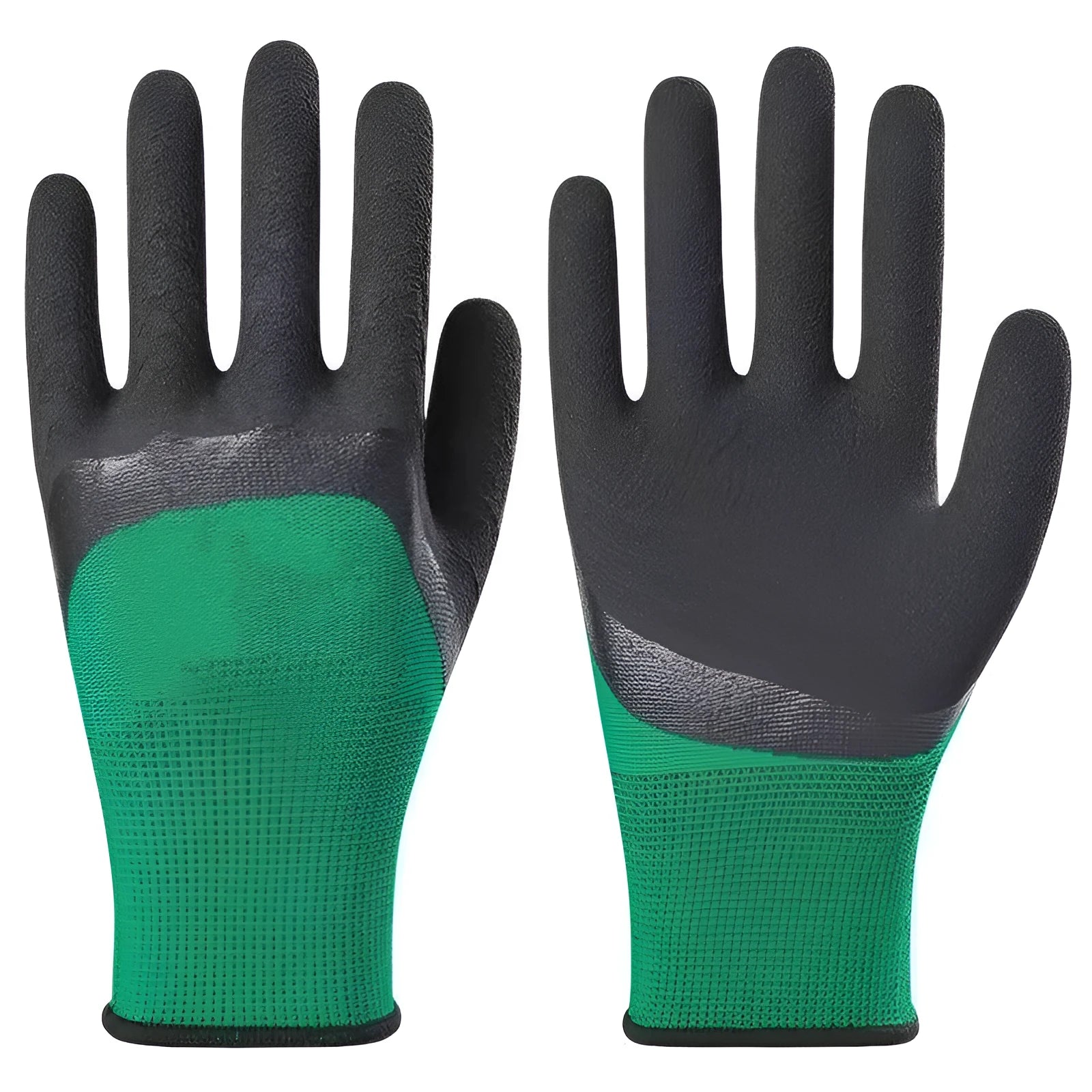 Black and green rubber work gloves with textured non-slip palm, shown from the side.