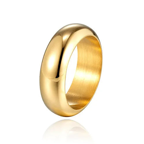 Glossy electroplated titanium steel ring in gold, black, and steel colour options on a grey background