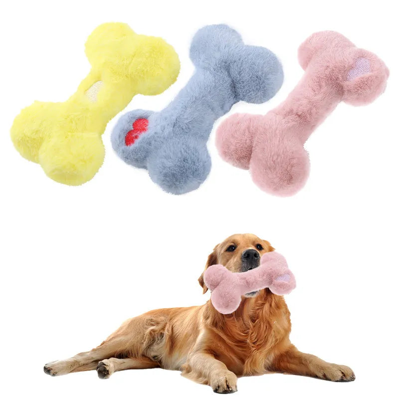 Blue plush bone dog toy with sound feature for interactive play and teeth grinding