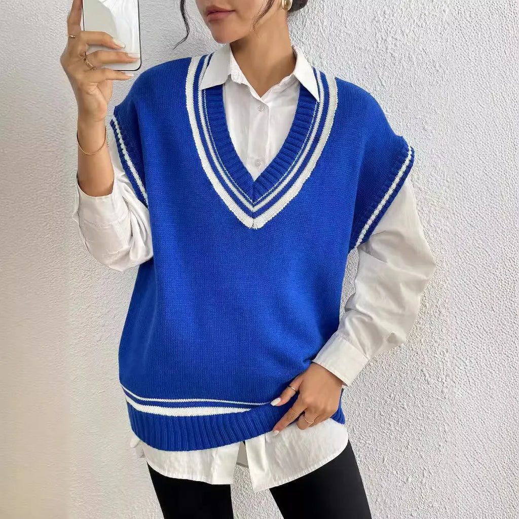 Women's casual wool vest sweater in loose fit with free size design, available in blue, coffee, and black colour options