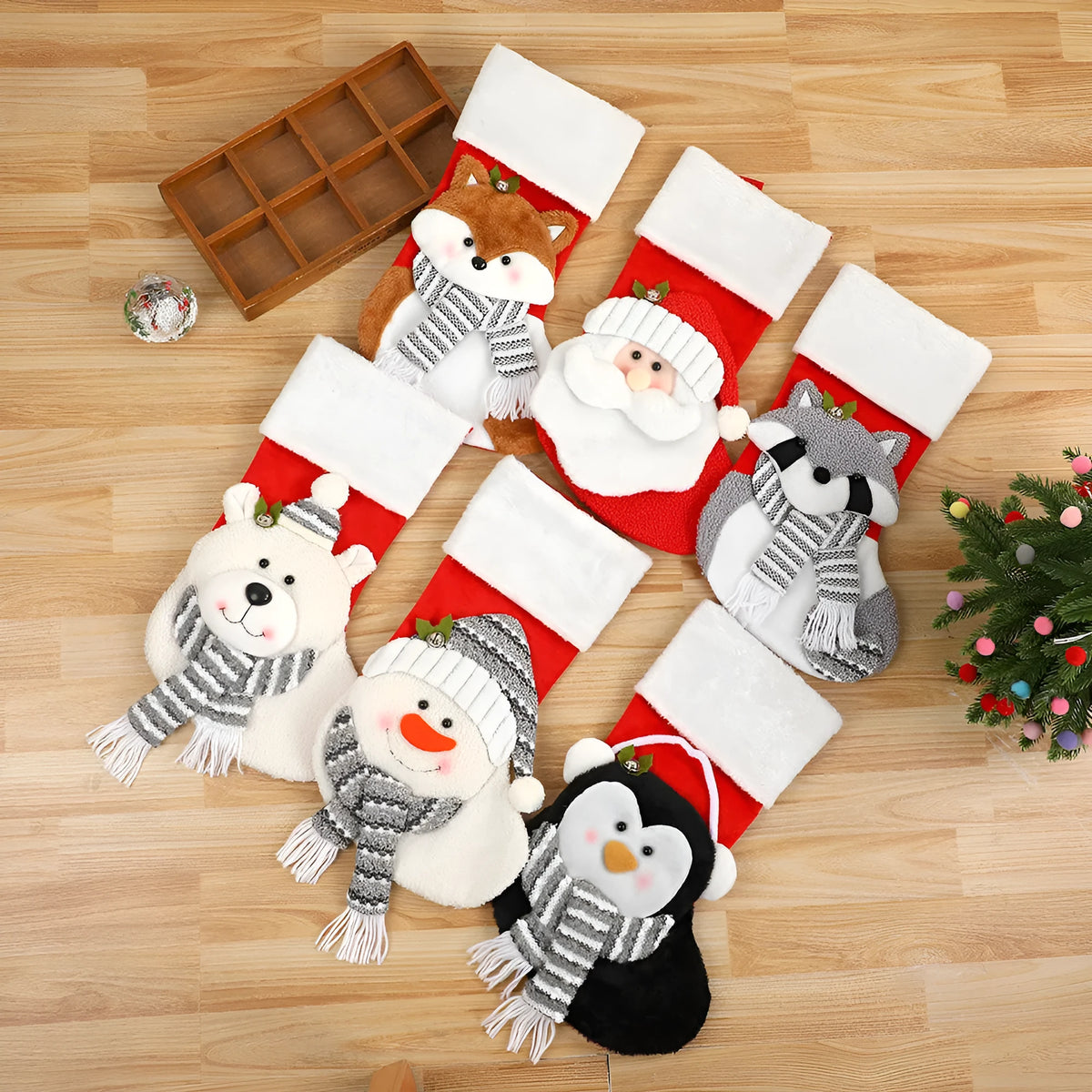 Cartoon Santa Claus cloth gift bag, 43cm x 27cm, in Fox, Penguin or Raccoon design with pendant.