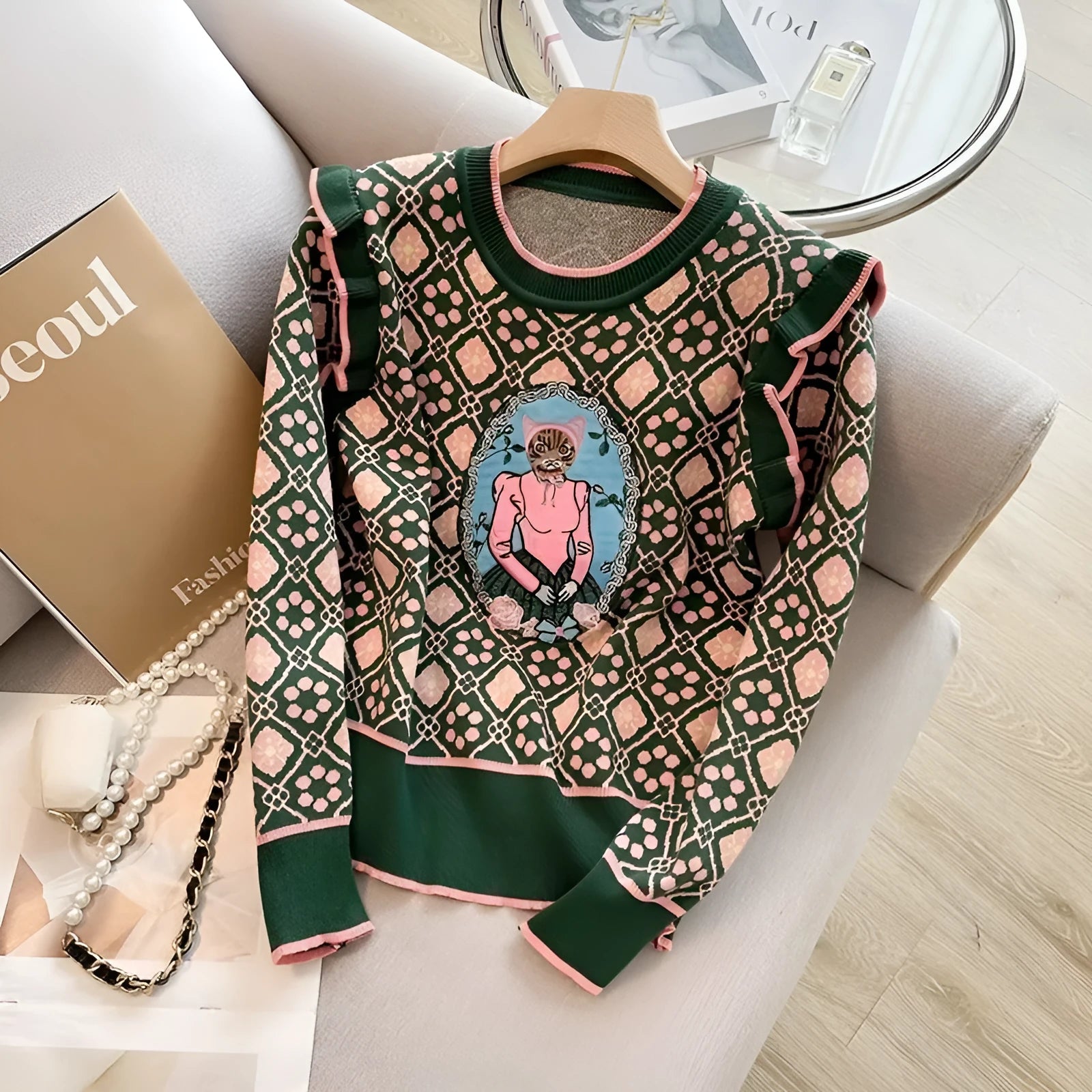 Green printed women's sweater with a loose fit and regular-length sleeves.