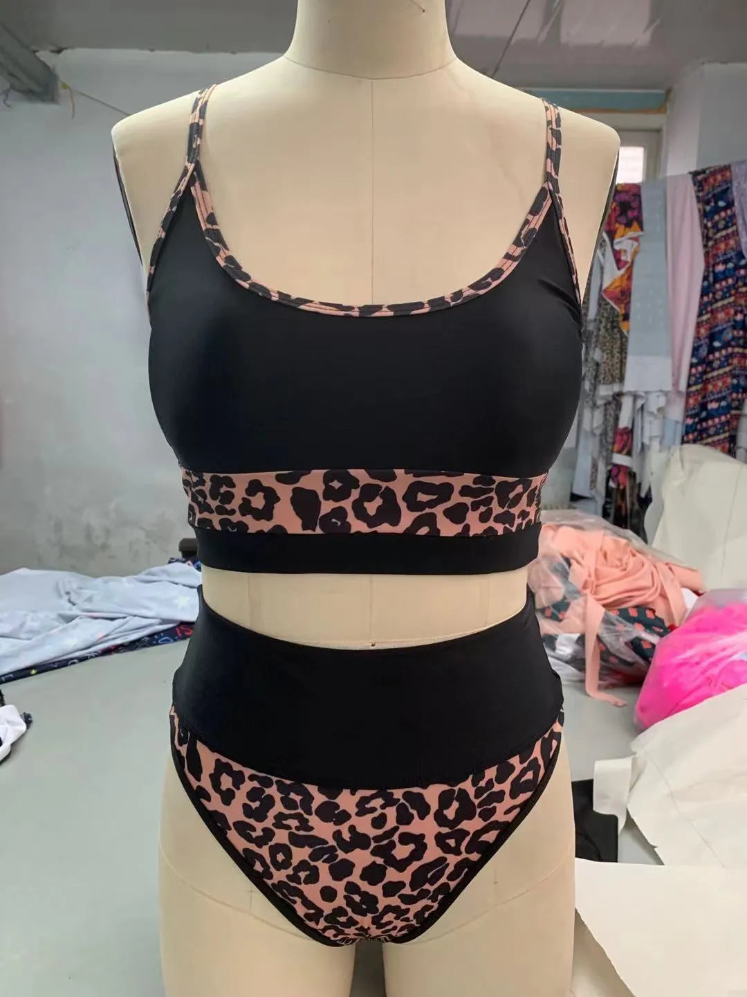 Women's high waist split bikini swimsuit in leopard print and white options showing front and back views