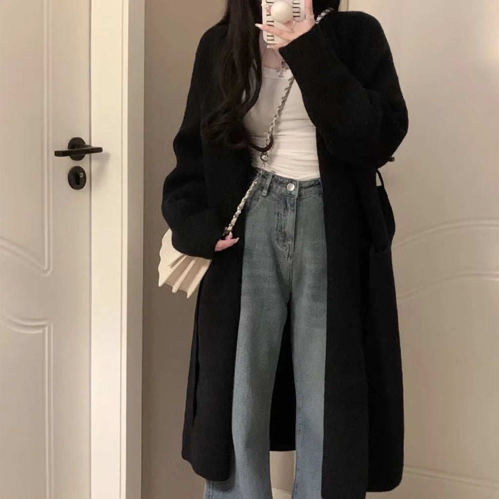 Loose large knitted cardigan with 3D effect pattern in dark gray, 65cm length, chenille fabric, long sleeves