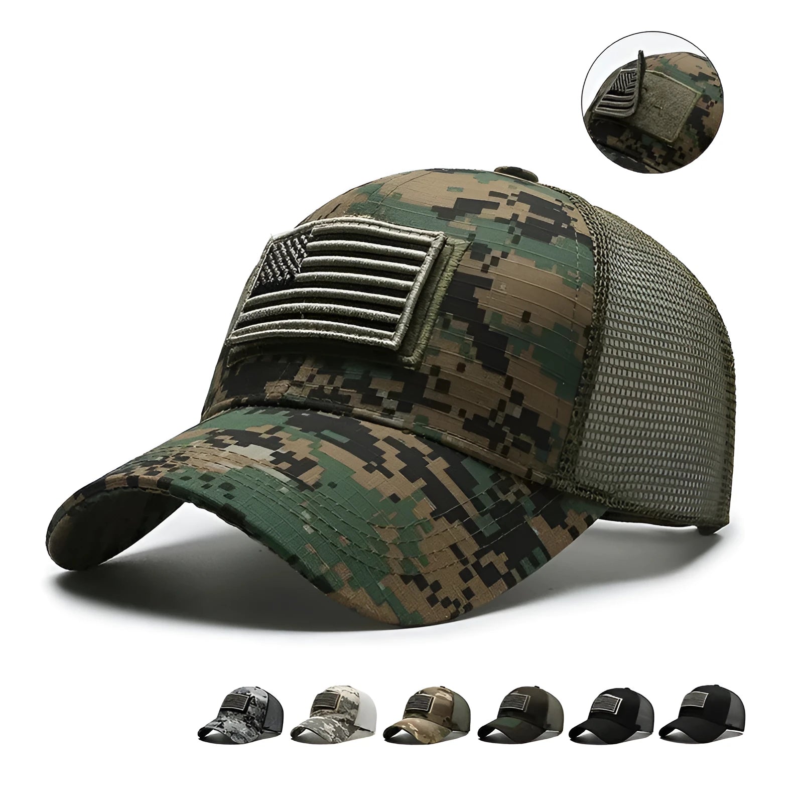 Adjustable tactical camouflage baseball cap with machine embroidery on cotton fabric in seven colour options