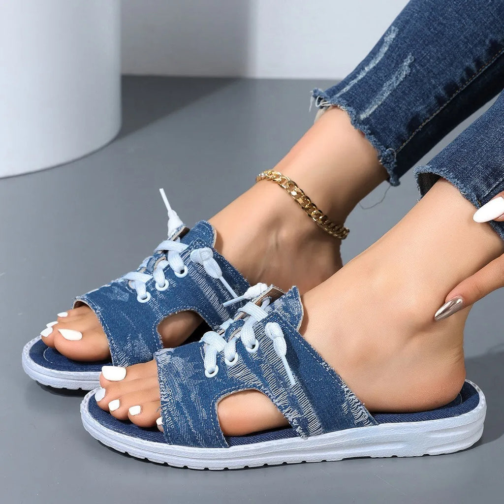 Blue Roman style canvas slippers with rubber soles for women, sizes 36-43