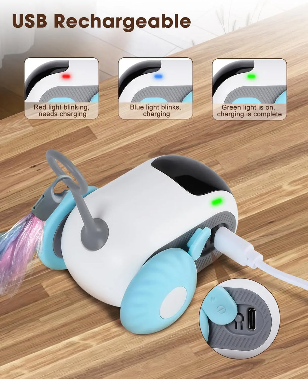 Blue interactive smart cat toy with remote control and feather teaser for automatic and controlled pet play