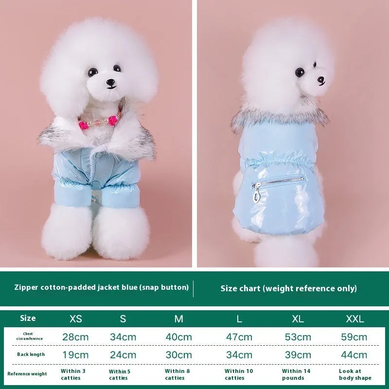 Blue cotton down jacket for puppy with British style design for autumn and winter wear