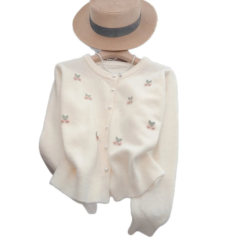 Cashmere blend cardigan with beaded detailing in slim fit silhouette, available in pink, red, white, and blue colours