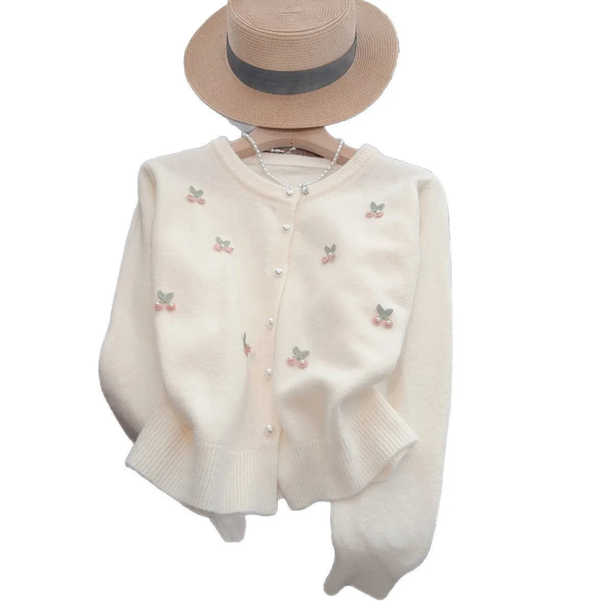 Cashmere blend cardigan with beaded detailing in slim fit silhouette, available in pink, red, white, and blue colours