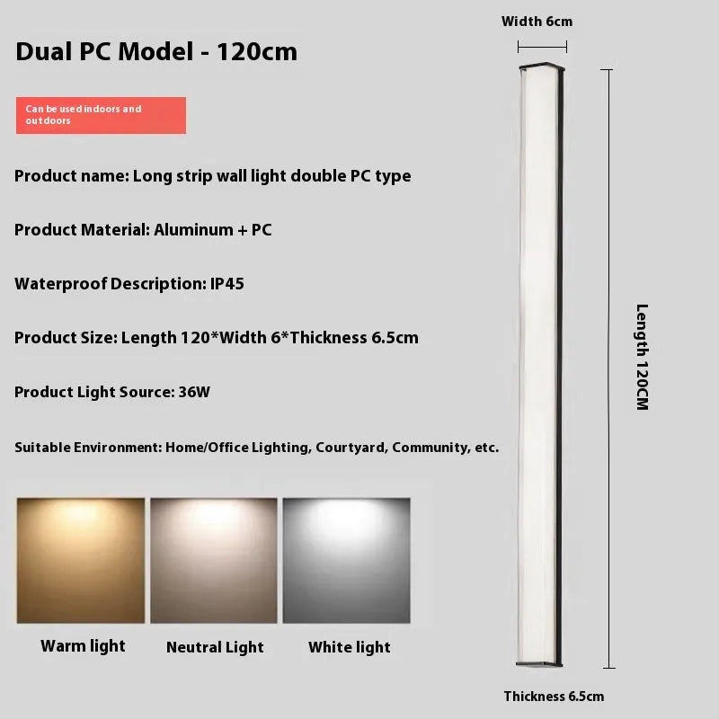 Modern minimalist LED outdoor wall lamp with IP65 waterproof rating shown in courtyard setting