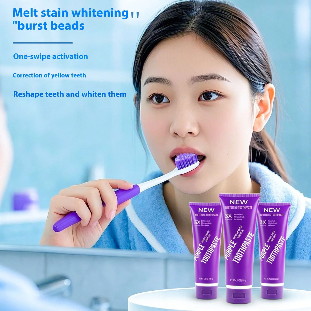 Purple whitening toothpaste tube for adults, shown in 120g and 65g sizes for yellow stain removal.