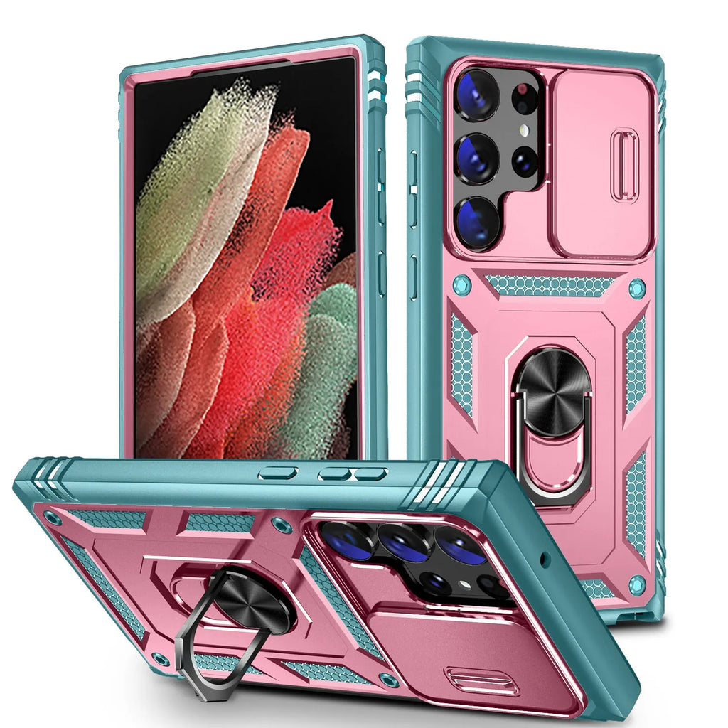 S24 Ultra phone case in black with sliding window bracket and drop-resistant PC cover
