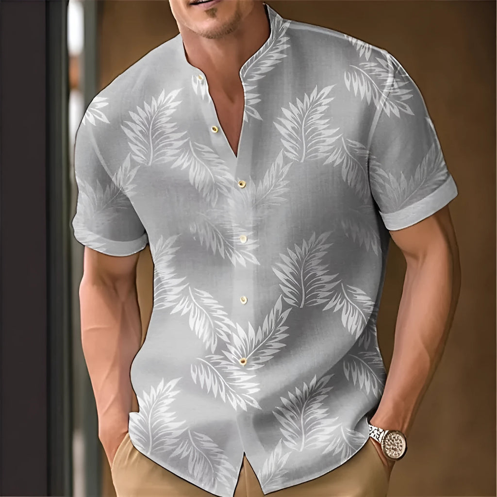 Men's printed casual shirt in polyester fabric showing colour options and relaxed fit
