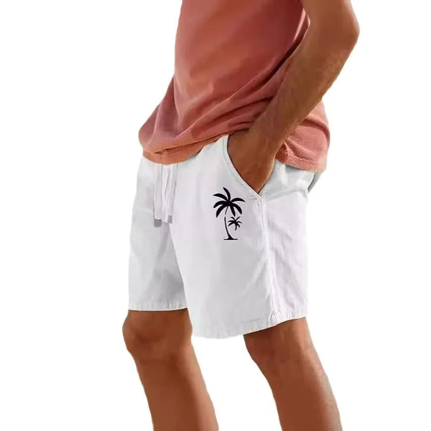 Men's white elastic shorts with heat transfer patch, drawstring waist, and straight-leg cut for beach leisure