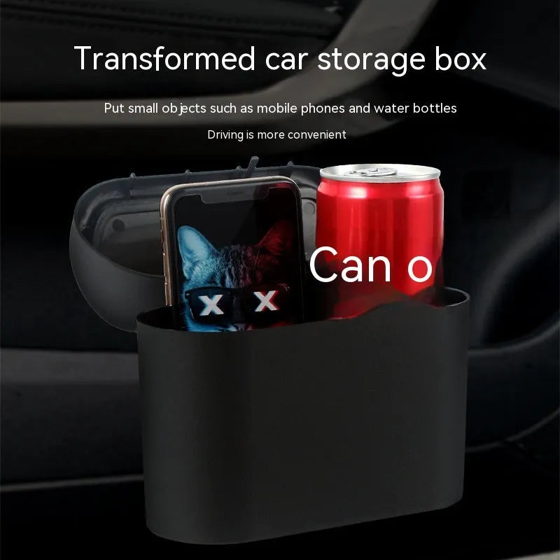 Black folding plastic trash can mounted on a car seat