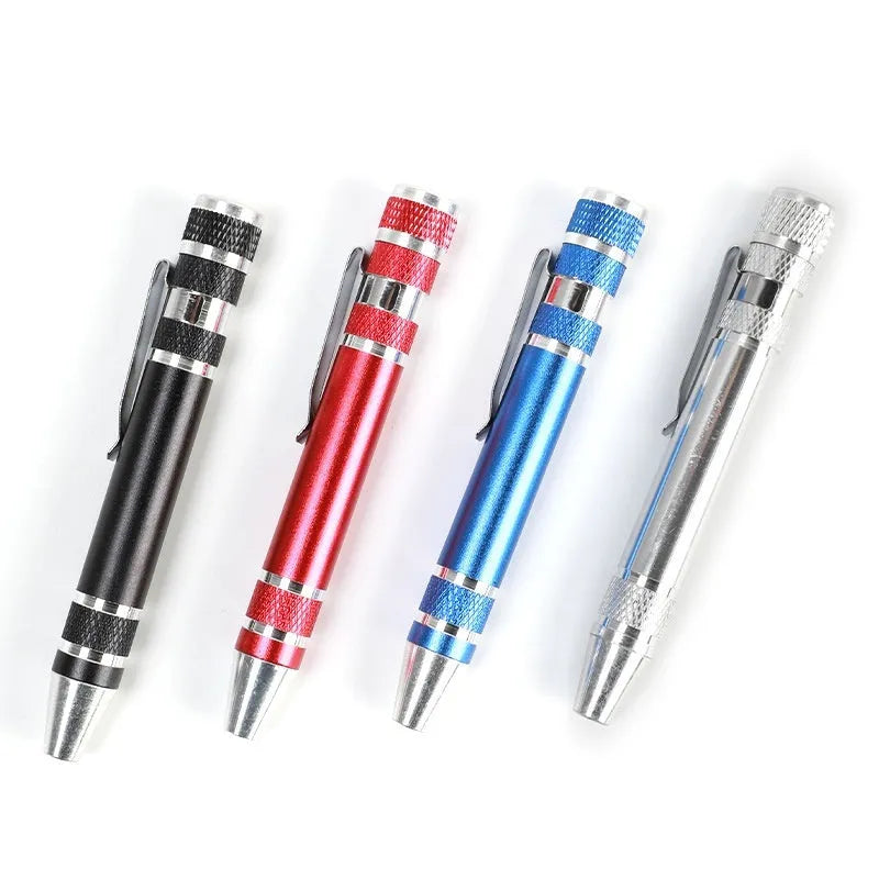 Aluminium alloy pen screwdriver set with eight interchangeable bits and 107mm chrome vanadium steel cutter bars