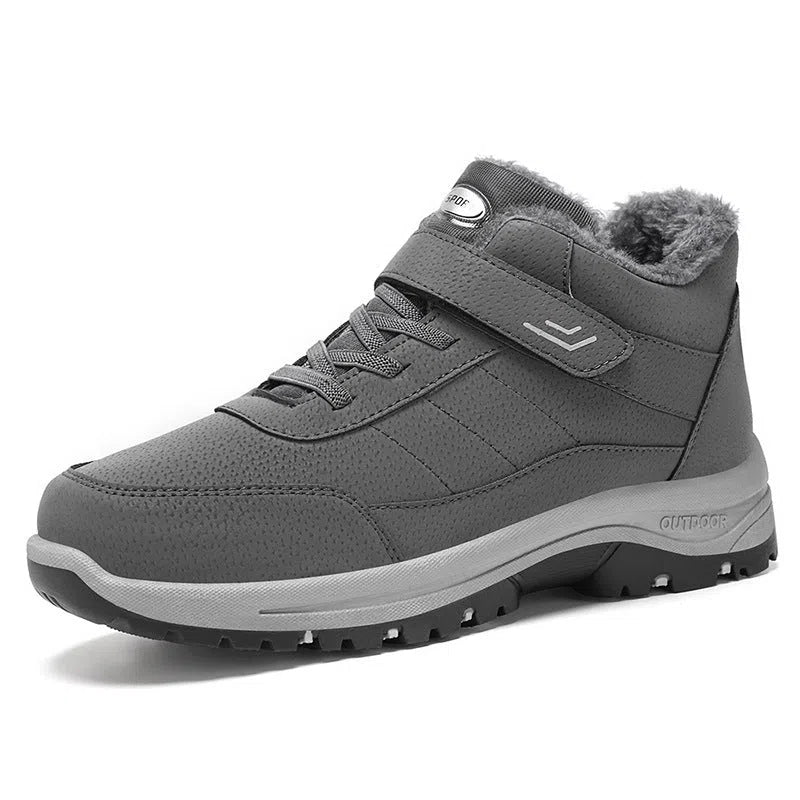 High-top snow boots with thick PVC sole, fleece lining, artificial PU upper, round toe, in red, black or grey.