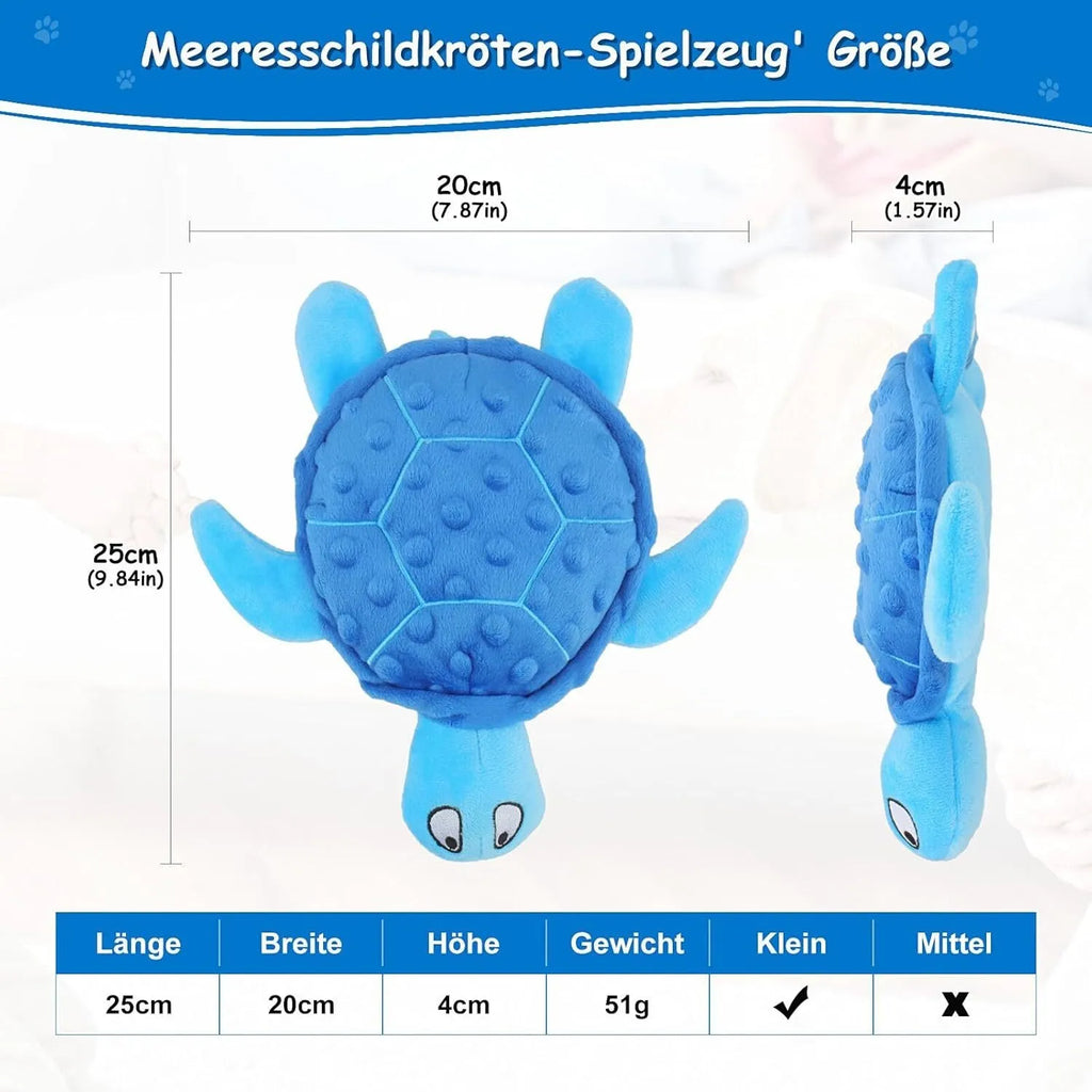 Blue squeaky sea turtle plush dog toy with composite mesh material, size 25x20x5cm