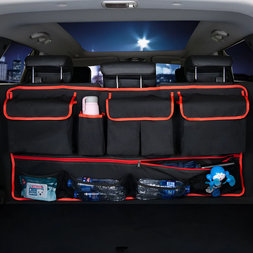 Black car boot hanging storage organiser with shopping bag compartments and waterproof Oxford cloth construction